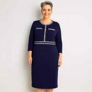 Chic Navy Blue Sheath Dress w/ White Trim – Work to Evening Size 3X
